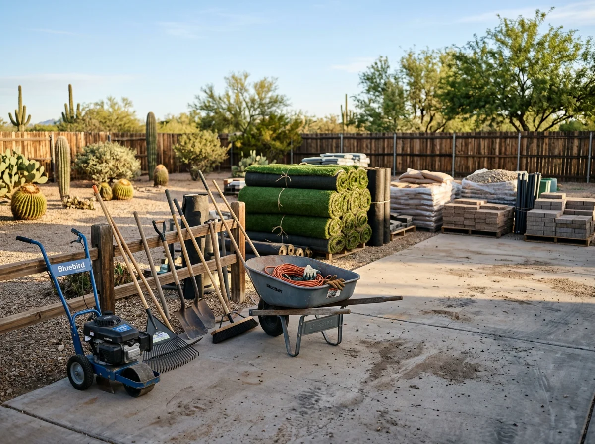Landscape crew with tools and equipment ready for outdoor construction work, showcasing professional landscaping trade setup.
