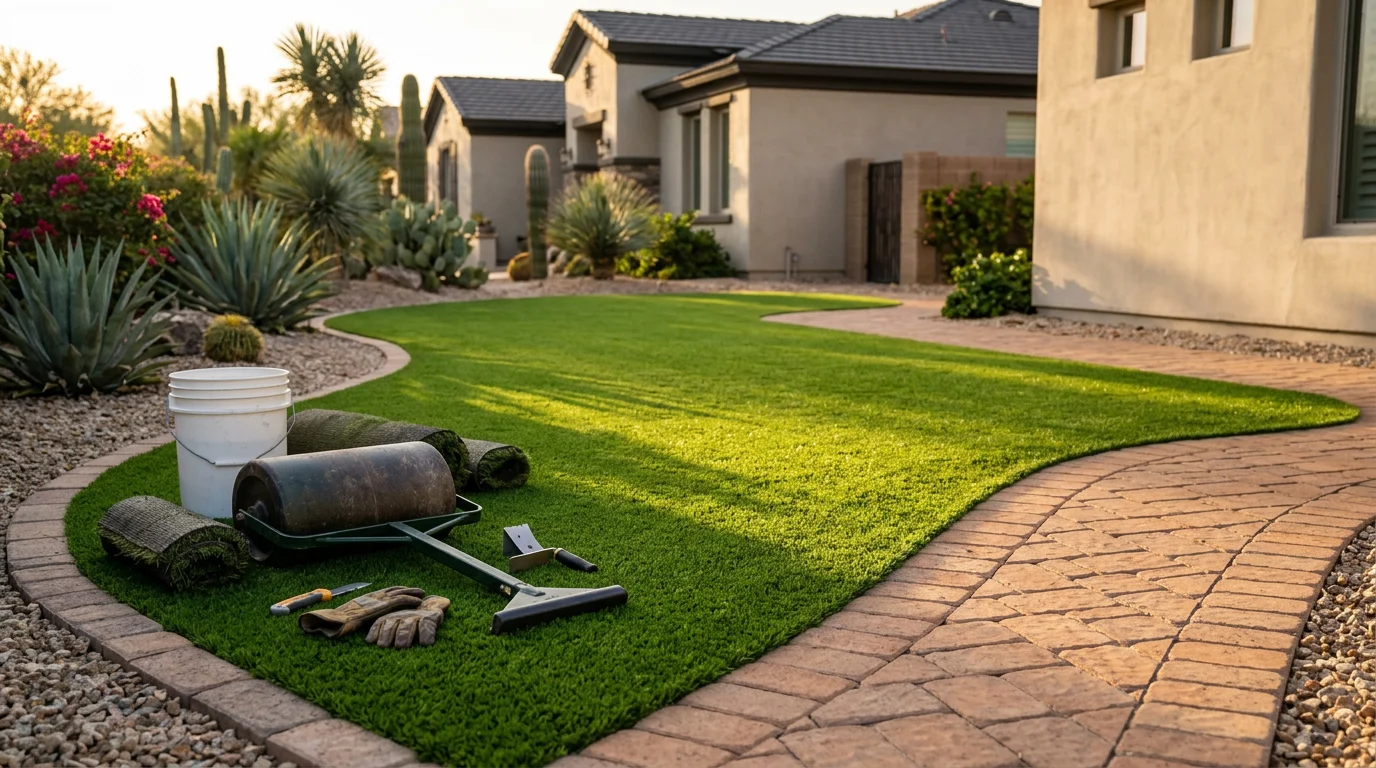 Synthetic turf installation creating a green, maintenance-free lawn in Paradise Valley Arizona