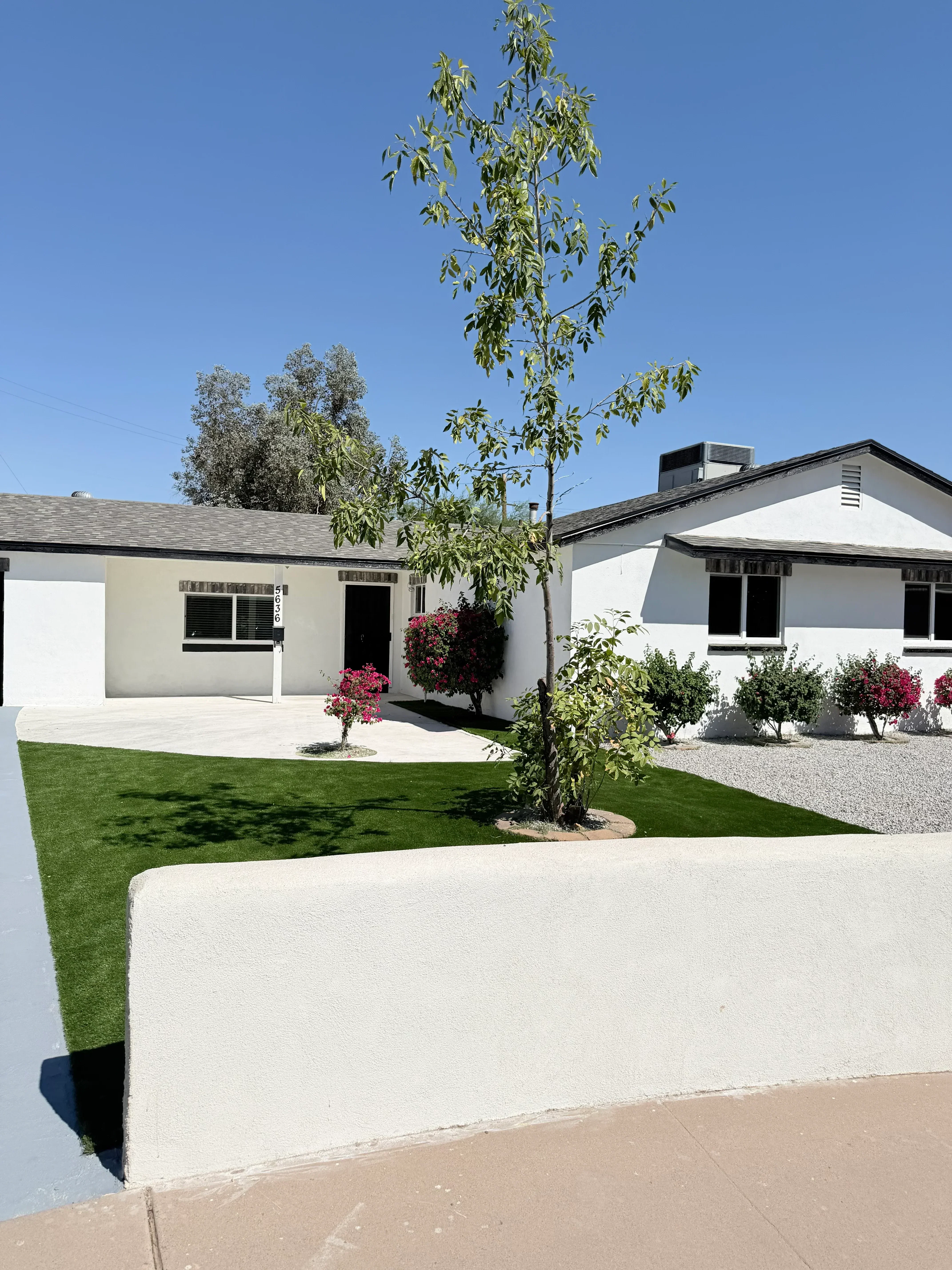 Green lawn installation with red flowering baskets and climbing vines on white residential home