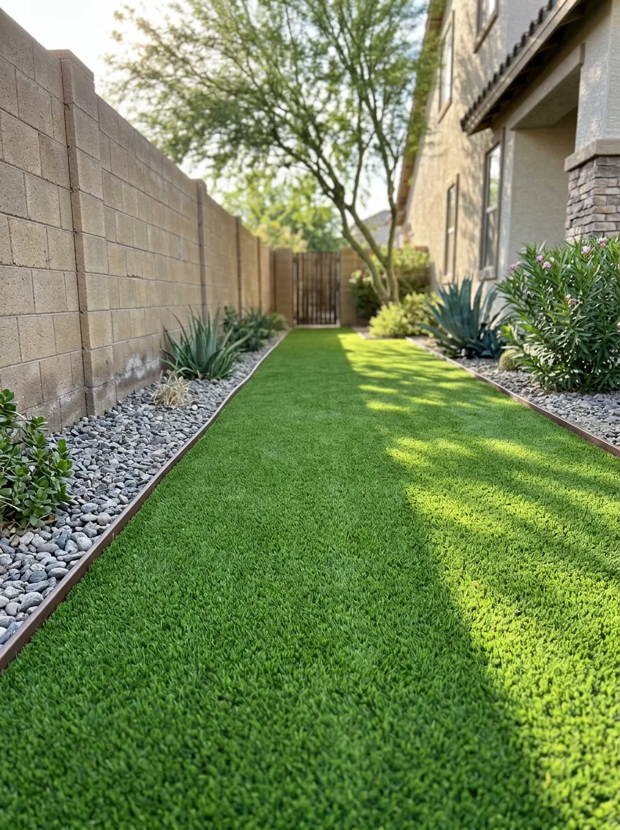 Side yard of a Gilbert home with artificial turf replacing dead natural grass in a shaded area, showing green coverage and clean edging against the block wall.