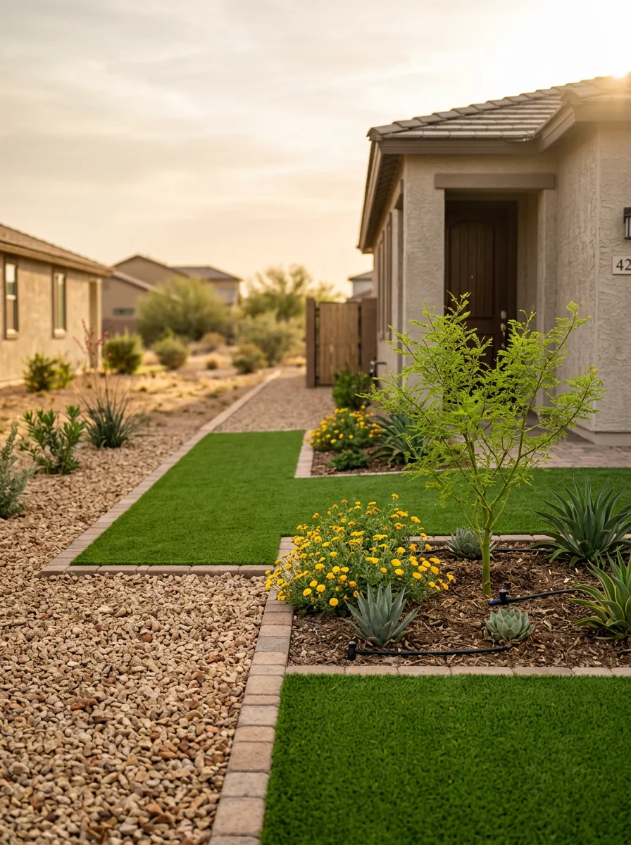 New build landscape construction in Laveen with artificial turf, decorative rock, and desert-adapted plantings freshly installed on a flat residential lot.