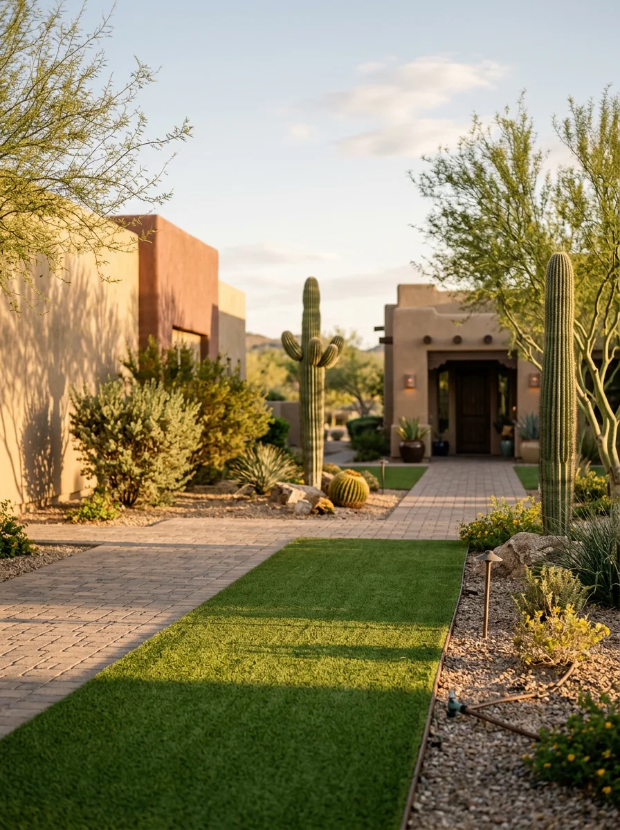 West Valley commercial property entryway with artificial turf panels and desert landscaping along a Litchfield Road corridor, showing a maintained and professional appearance.