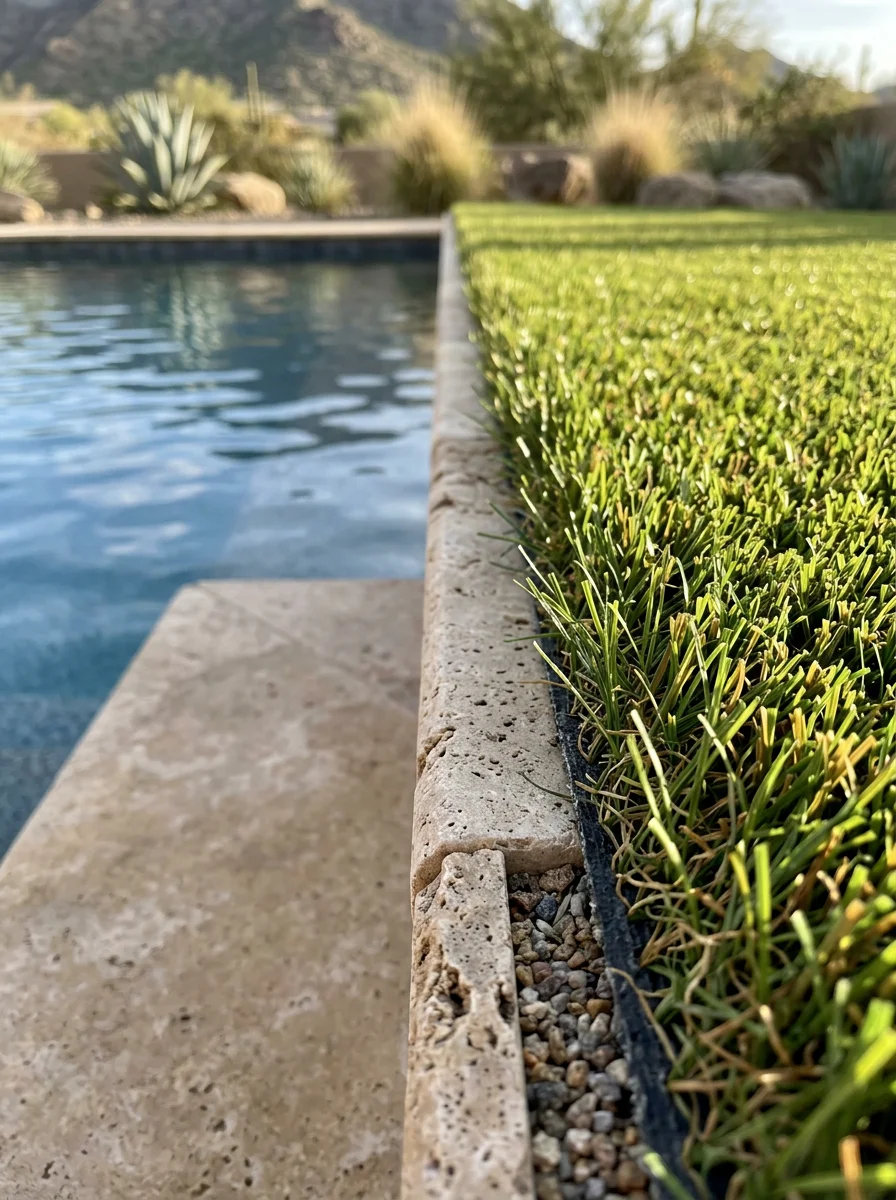 Close-up of artificial turf meeting a travertine pool coping edge on a Paradise Valley property, showing clean seaming and drainage detail.