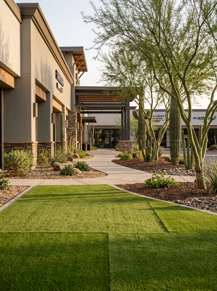 Commercial property entryway in Phoenix with artificial turf panels and desert landscaping along a retail corridor, showing a clean and maintained appearance.