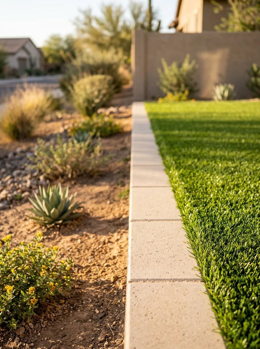 Close-up of artificial turf edging meeting a paver border in a Scottsdale HOA community front yard, showing clean installation detail.