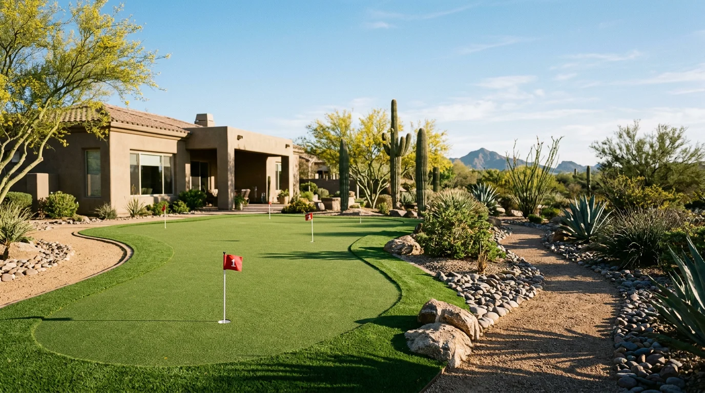 Freshly installed synthetic turf in a Scottsdale backyard with desert landscaping, decorative rock borders, and a custom putting green under a clear Arizona sky.
