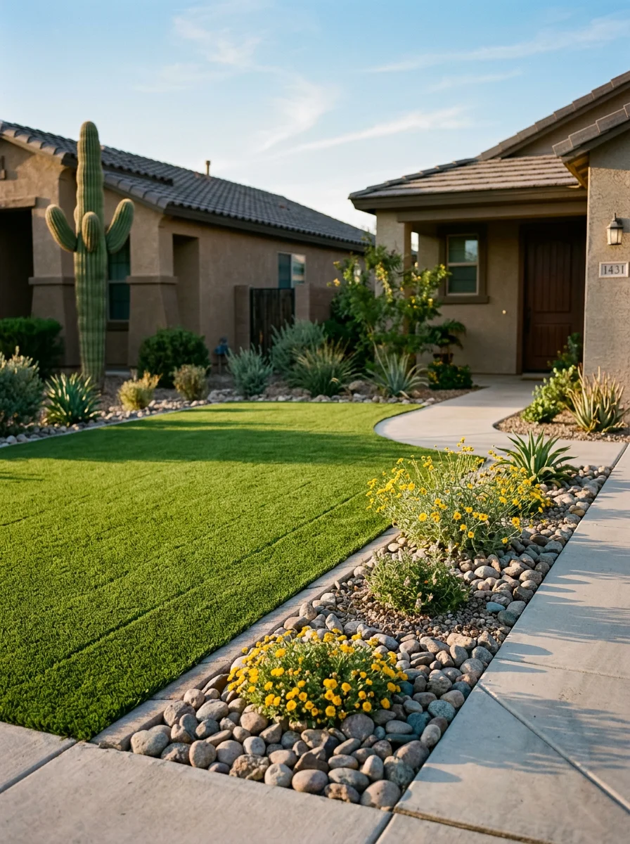 Small Tempe front yard converted from natural grass to artificial turf with decorative rock borders and low-water desert plants along the walkway.