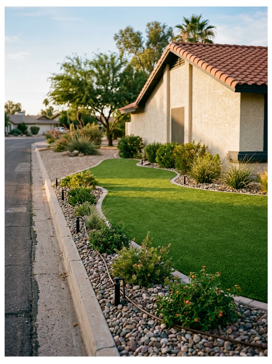 Older Tolleson home front yard converted from patchy natural grass to artificial turf with desert plantings and updated irrigation heads along the property edge.