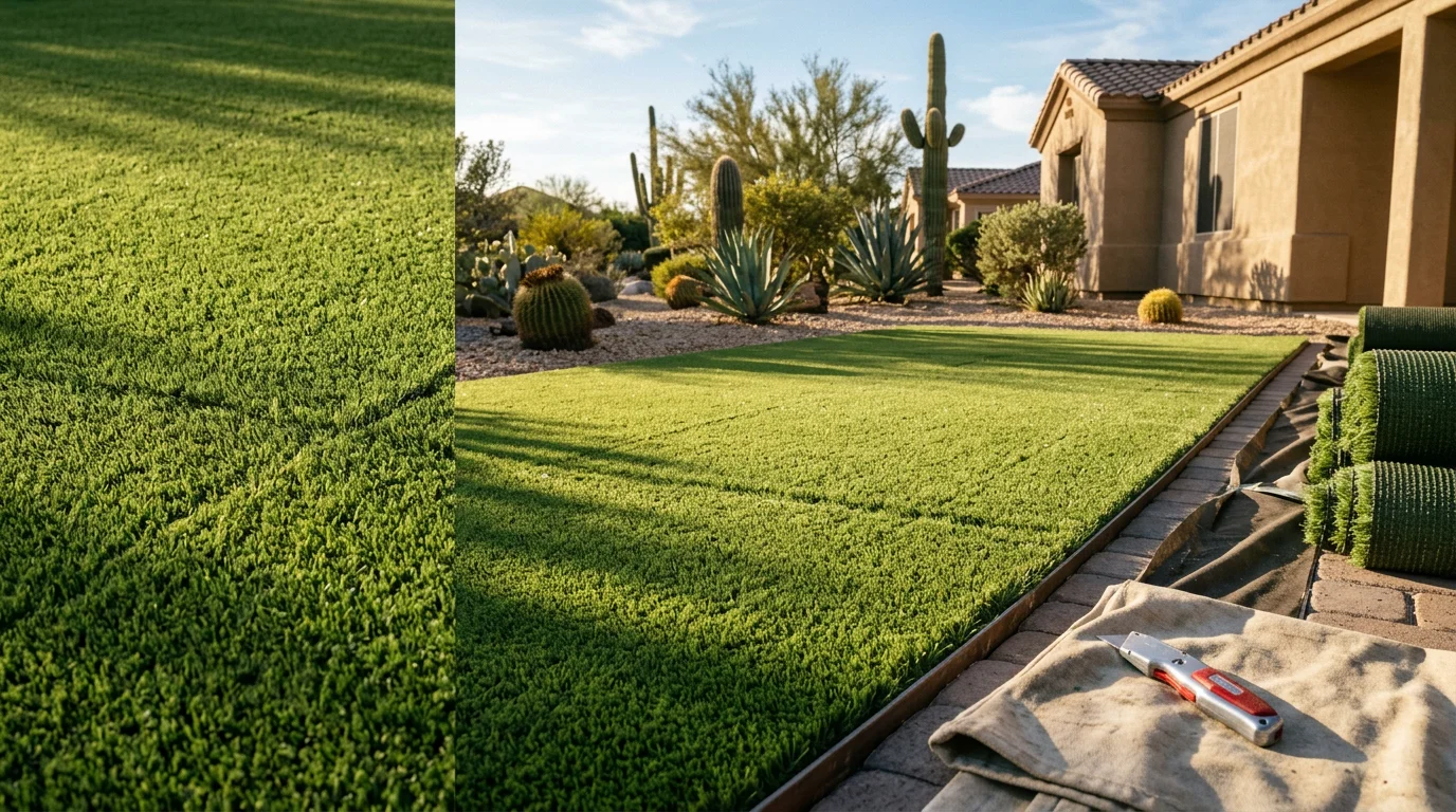 A freshly installed artificial grass lawn at a Scottsdale Arizona home, showing an even green surface in a desert residential front yard. The surrounding landscape reflects the dry Arizona climate with no irrigation equipment visible.