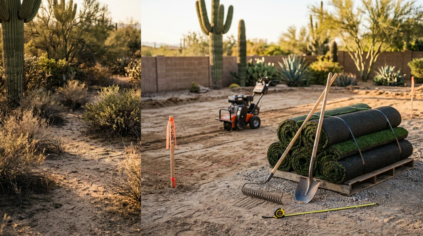 A renovated Scottsdale backyard with artificial grass replacing natural turf, showing a clean green surface under bright Arizona sunlight. The desert-climate setting reflects a water-smart outdoor space typical of residential properties across the greater Scottsdale area.