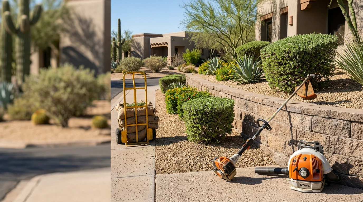 A well-maintained commercial property landscape in Scottsdale, Arizona, featuring trimmed desert plants, clean gravel beds, and weed-free grounds along a business entrance. The grounds reflect routine care suited to the Sonoran Desert climate.