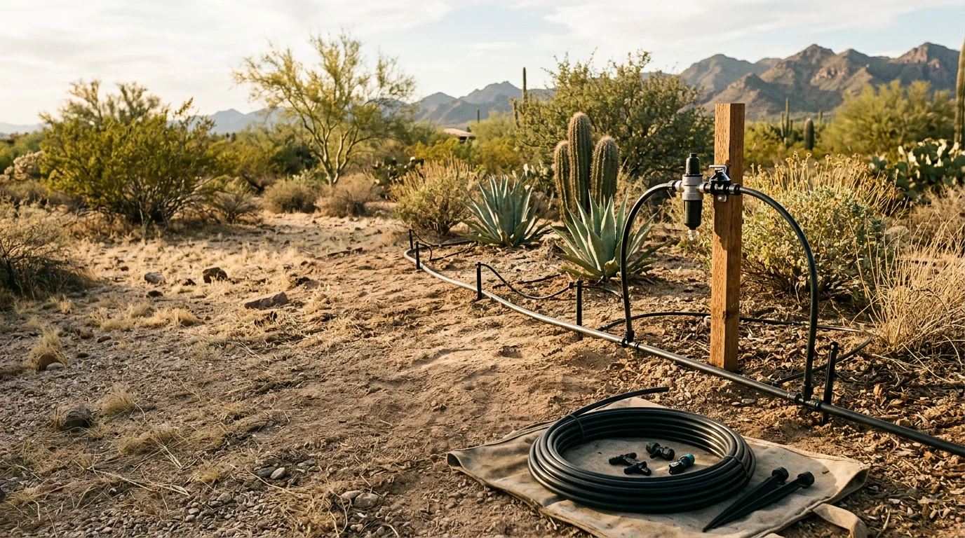 Drip irrigation emitters installed at the base of desert shrubs and ornamental trees in a Scottsdale Arizona residential landscape. Low-volume tubing runs along the soil surface between native plants in a xeriscape yard.