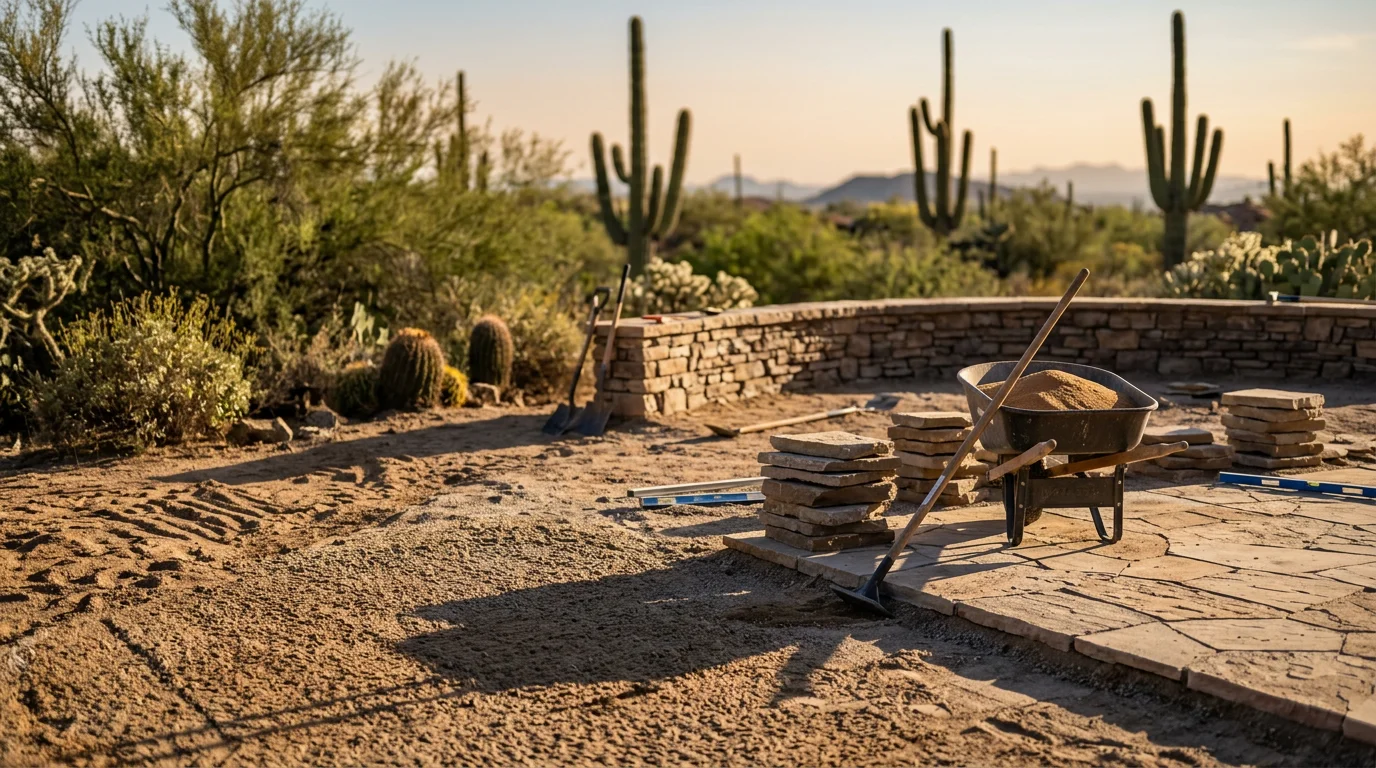 Finished hardscape patio and walkway installation in a Scottsdale Arizona backyard, showing a clean stone surface bordered by desert landscaping under clear blue sky. The hardscape replaces a former turf area with a low-maintenance outdoor living space suited to the desert climate.