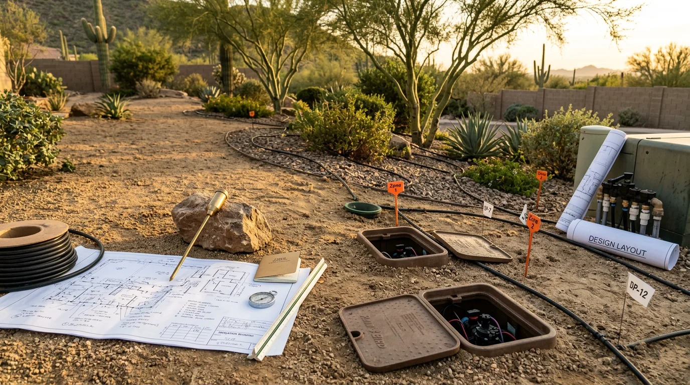 A residential yard in Scottsdale, Arizona showing a mapped irrigation zone layout with emitter placements around desert plants and a gravel landscape bed. The design plan is laid over a dry, sun-exposed property typical of the Scottsdale area.