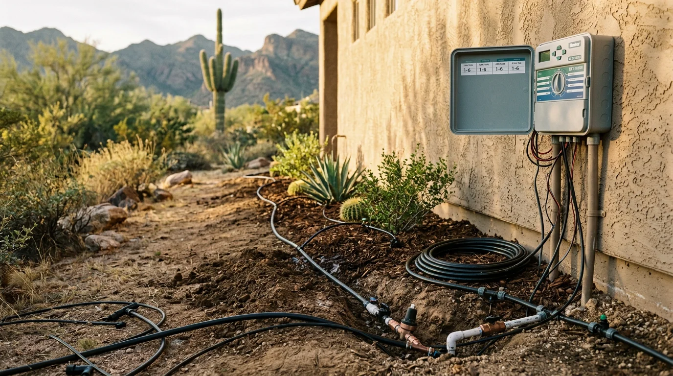 Freshly installed irrigation system with sprinkler heads and drip lines running through a desert landscaped yard in Scottsdale, Arizona. Brown gravel, native plants, and a clear blue sky are visible in the background.