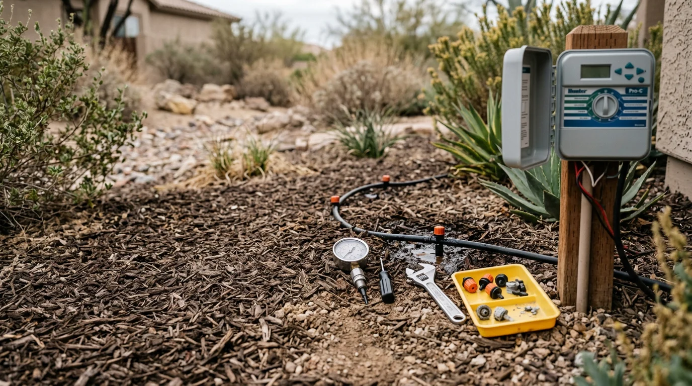 A landscape irrigation technician inspecting drip emitters along a desert plant bed in Scottsdale, Arizona, with dry gravel soil and native plants visible in the background. Close-up view shows a clean, properly positioned emitter at the base of a desert shrub.