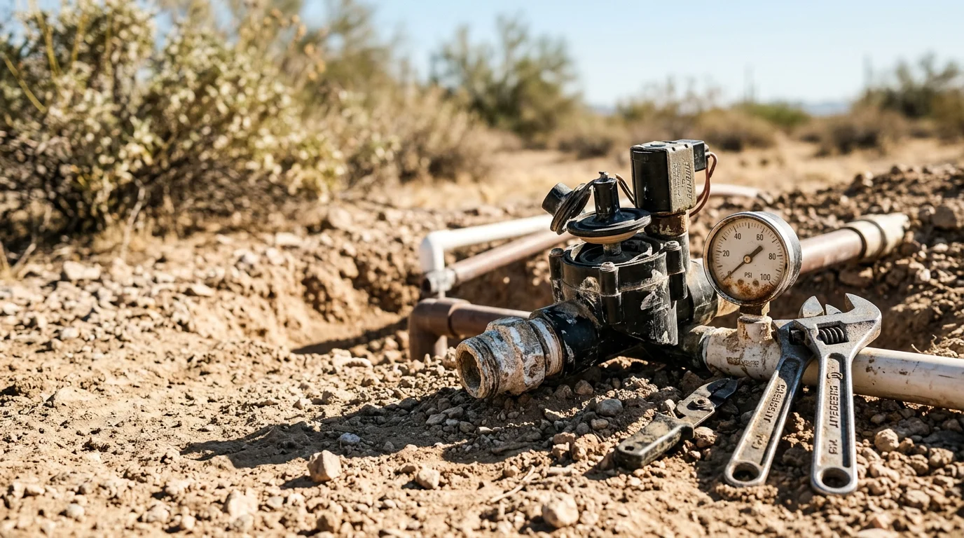 A landscape technician inspecting and repairing an in-ground irrigation valve box in a Scottsdale residential yard surrounded by desert-adapted plants. Close-up view of the open valve housing showing internal components being assessed under bright Arizona sunlight.