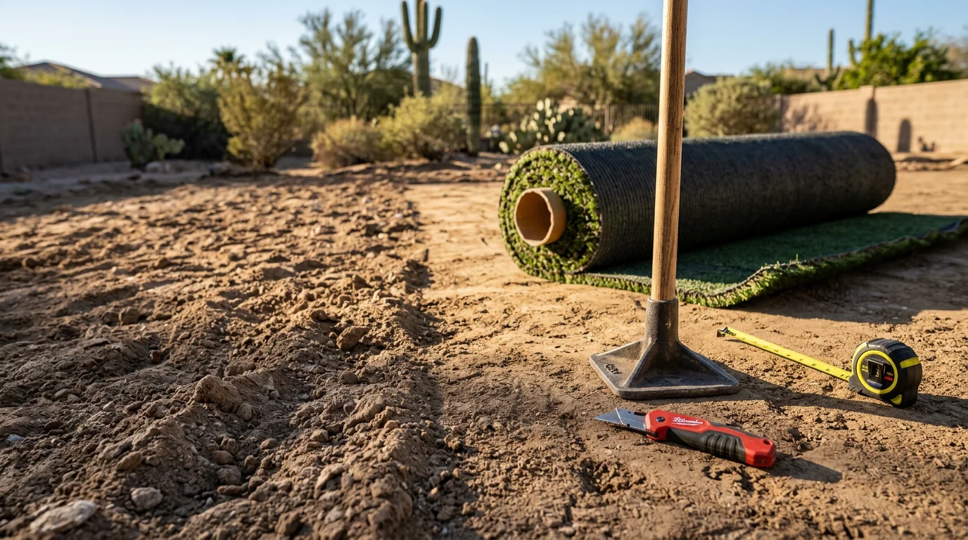 A completed landscape construction project at a Scottsdale Arizona residential property, showing a converted front yard with artificial grass replacing natural turf in a desert setting. The finished yard reflects a water-conscious design suited to the Phoenix Valley climate.