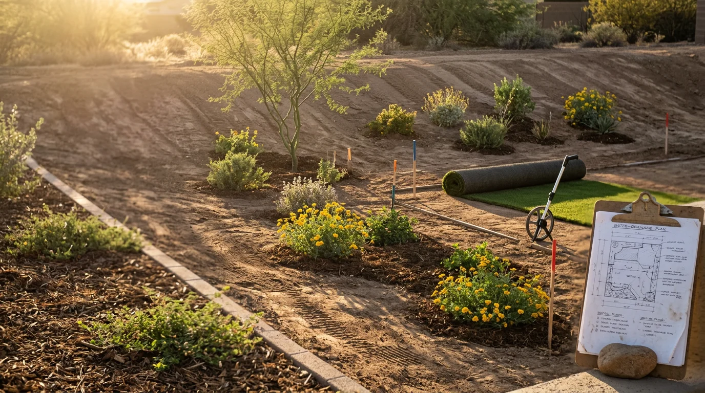 A finished desert landscape design in Scottsdale, Arizona showing artificial grass, gravel beds, and desert-adapted plants arranged across a residential front yard. The design replaces natural turf with low-water surfaces suited to the Arizona climate.