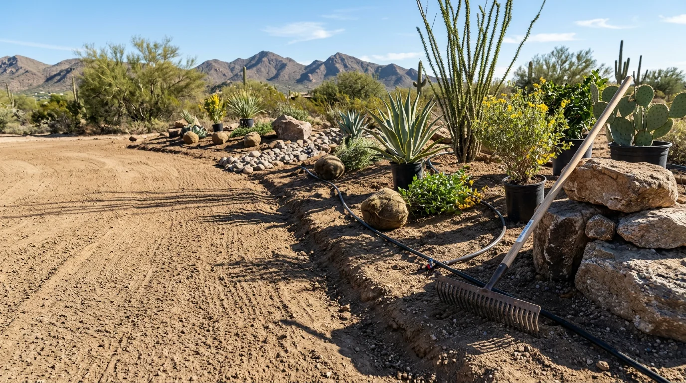 Freshly installed desert landscape at a Scottsdale Arizona home, featuring graded soil, drought-adapted ground cover, and hardscape edging under clear blue sky. The front yard shows a clean transition from natural turf to a water-smart landscape layout.