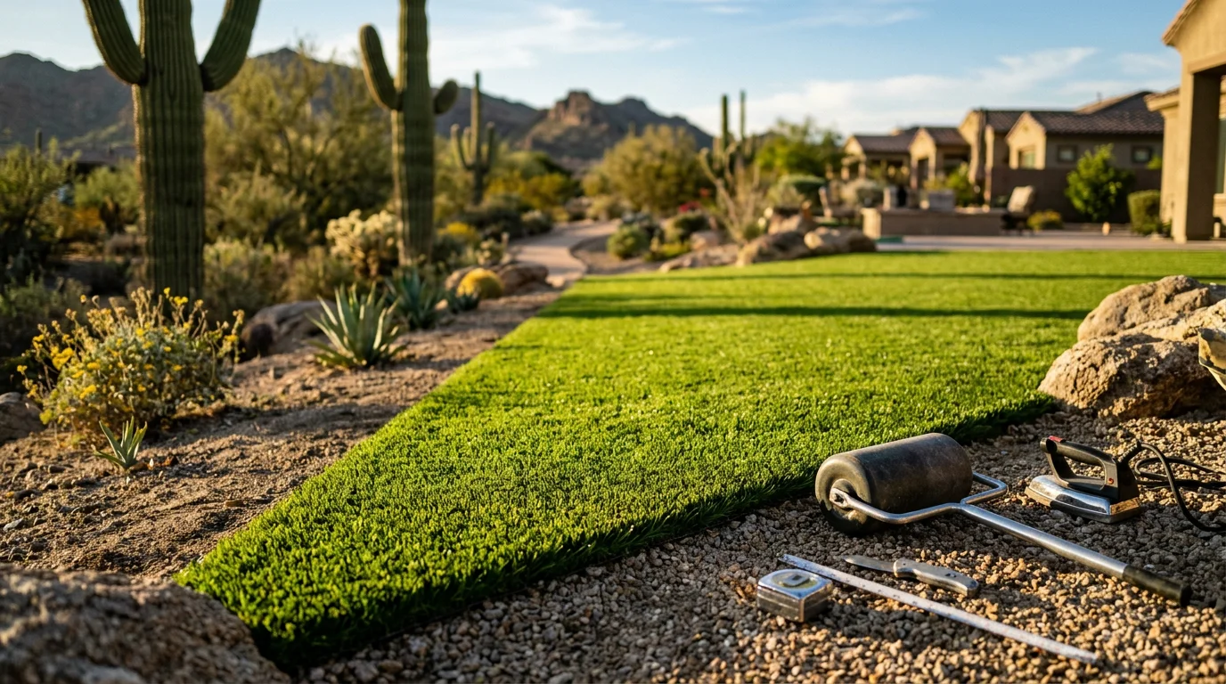A freshly installed luxury lawn in a Scottsdale Arizona residential front yard, showing a dense, evenly trimmed green surface bordered by desert landscaping. The yard sits in a sun-drenched neighborhood typical of the greater Scottsdale area, with no irrigation equipment visible.