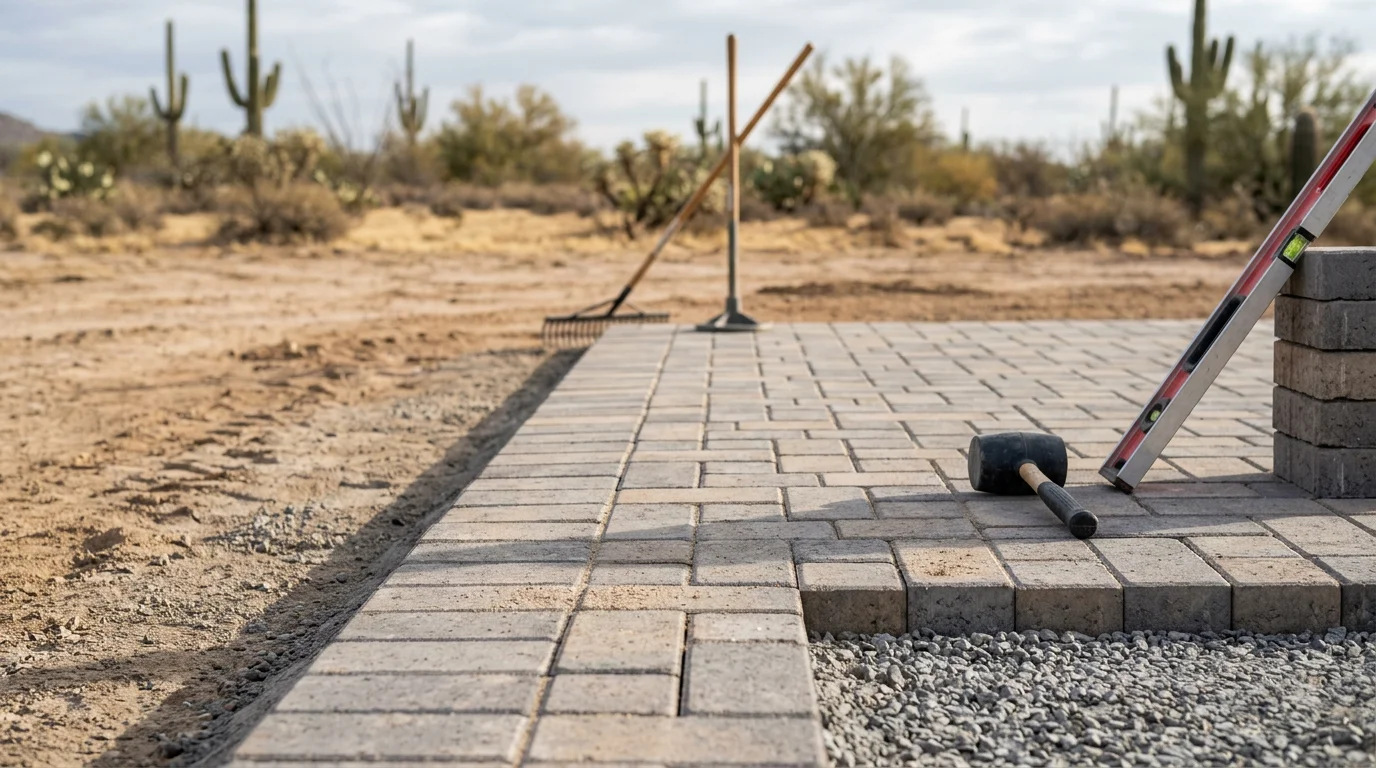 Freshly installed paver patio and walkway at a Scottsdale Arizona home, showing a clean desert-tone surface with defined edges and a pool deck surround. The surrounding landscape reflects the dry Arizona climate with gravel borders and desert plantings.