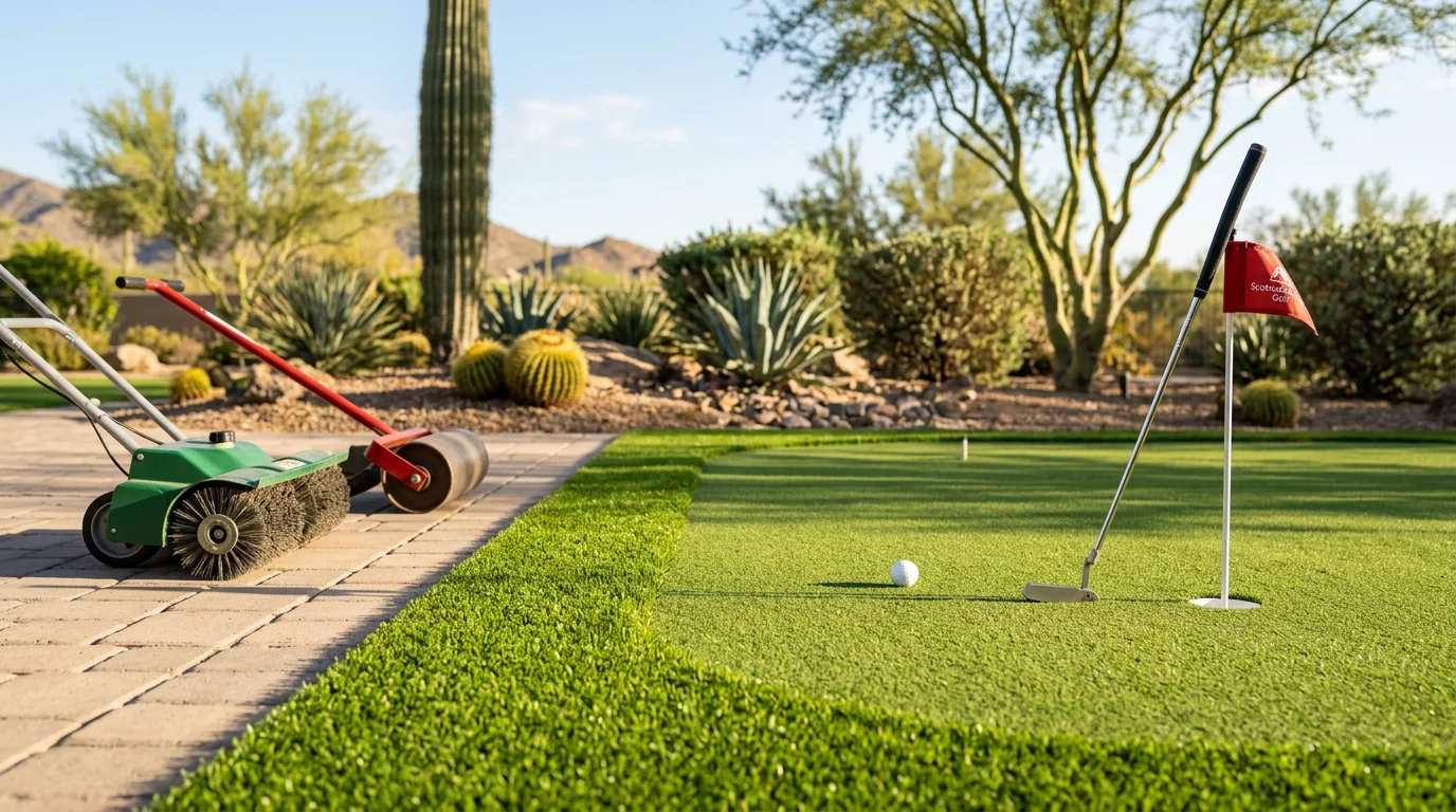 A custom artificial turf putting green installed in a Scottsdale, Arizona backyard, showing a smooth green surface with defined edges and desert landscaping surrounding it. The putting green sits under a clear Arizona sky with no irrigation equipment visible.