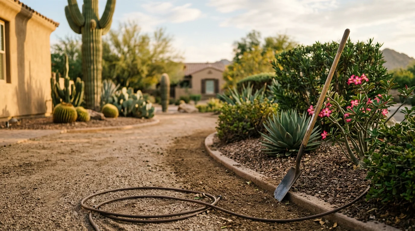 A well-maintained Scottsdale residential yard with neatly pruned desert shrubs, raked gravel, and clean edges along a concrete walkway. The front yard reflects consistent landscape maintenance suited to Arizona's desert climate.