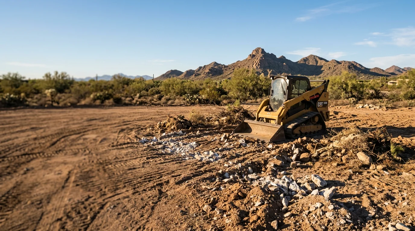 A Scottsdale Arizona residential yard during site preparation, showing cleared desert soil being graded and leveled by landscape equipment. The surrounding desert terrain and dry caliche soil are visible, with a home foundation visible in the background.
