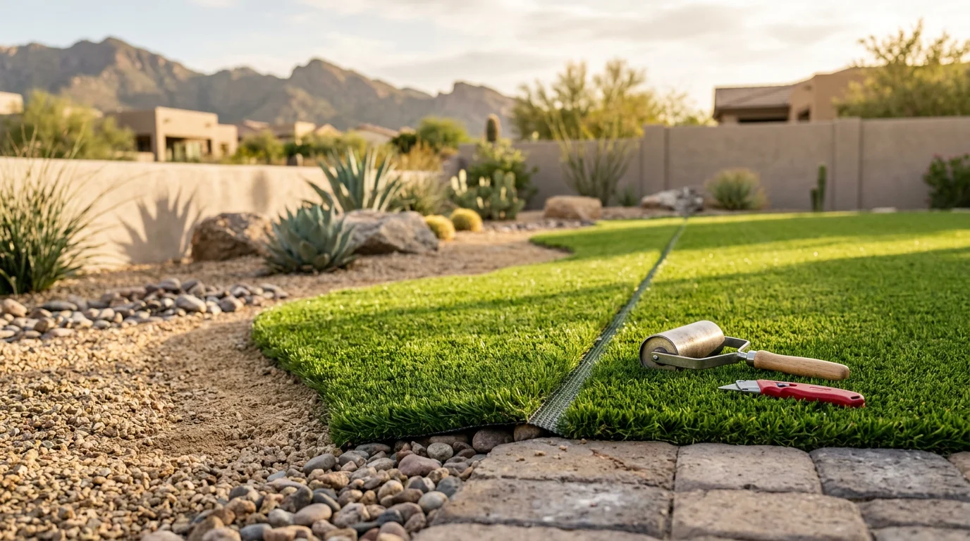 Freshly installed synthetic turf covering a residential backyard in Scottsdale, Arizona, with clean edges along a concrete patio border. The lawn shows uniform green color under bright desert sunlight with no irrigation equipment visible.