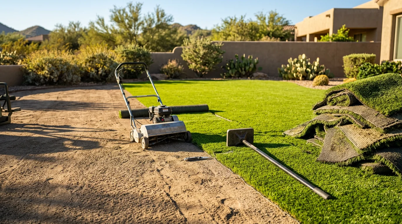 A Scottsdale backyard after synthetic turf replacement, showing a flat, evenly green artificial grass surface bordered by desert landscaping under bright Arizona sunlight. Workers from V Sotos Landscape LLC complete the final edge trim on the freshly installed turf.